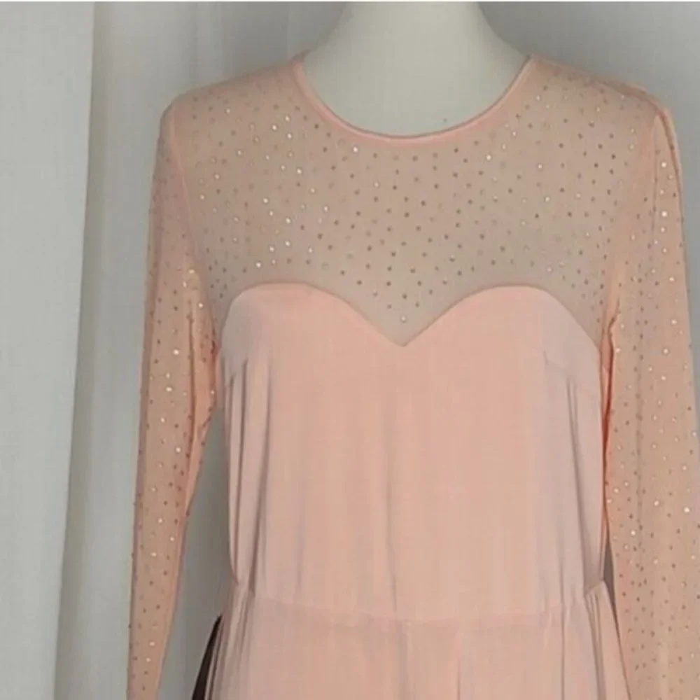 BEBE Jumpsuit L Peach Parfait Embellished Illusion Wide Leg Cocktail Stretch - Picture 6 of 12